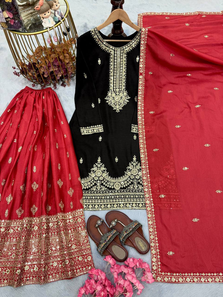 Black Pure Chinon Silk Embroidered Palazzo Set with 5mm Sequin Work & Matching Dupatta ClothsVilla