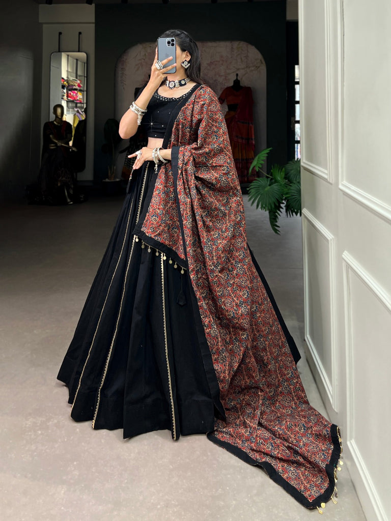 Black Pure Cotton Lehenga Choli Set with Purse ClothsVilla