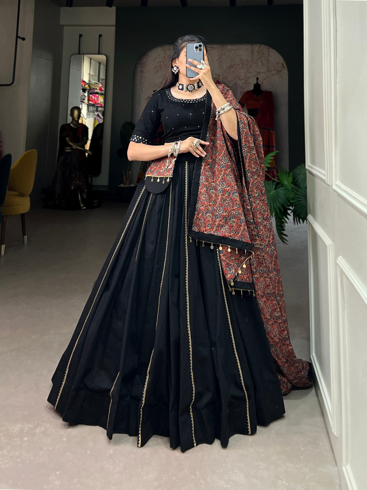 Black Pure Cotton Lehenga Choli Set with Purse ClothsVilla Main image