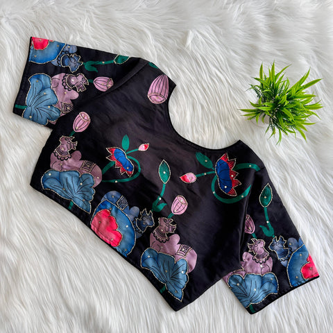 Black Pure Silk Blouse with Decent Print and Antique Handcrafted Work ClothsVilla Main image