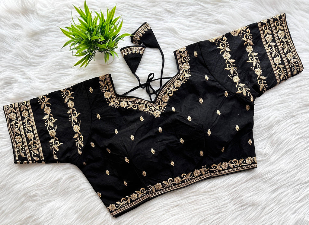 Black Rajbhog Silk Embroidered Blouse with Handcrafted Detailing ClothsVilla