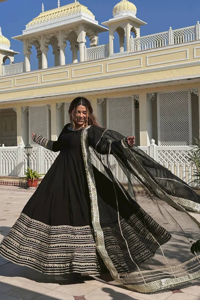Black Rayon Embroidered Kali Cut Gown Set