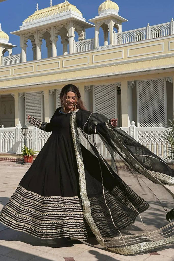 Black Rayon Embroidered Kali Cut Gown Set