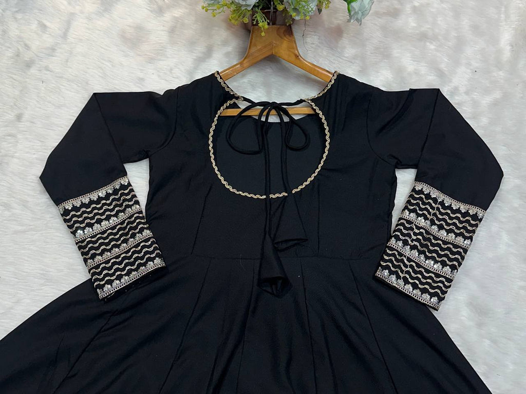 Black Rayon Embroidered Kali Cut Gown Set
