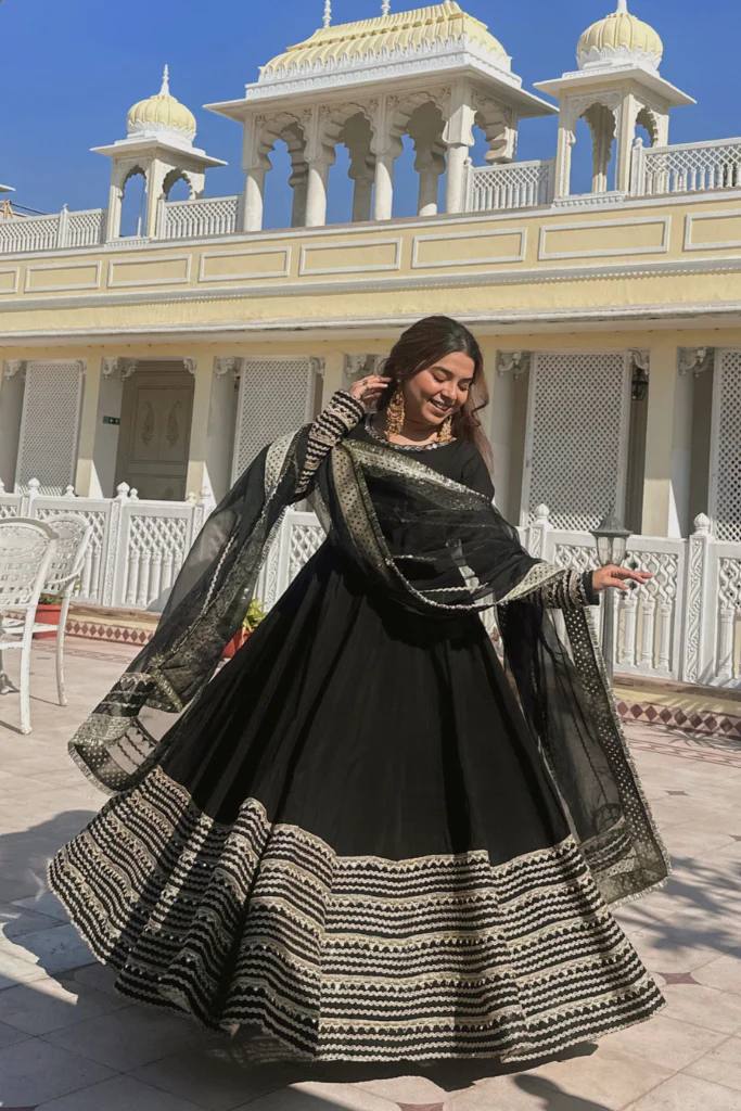 Black Rayon Embroidered Kali Cut Gown Set