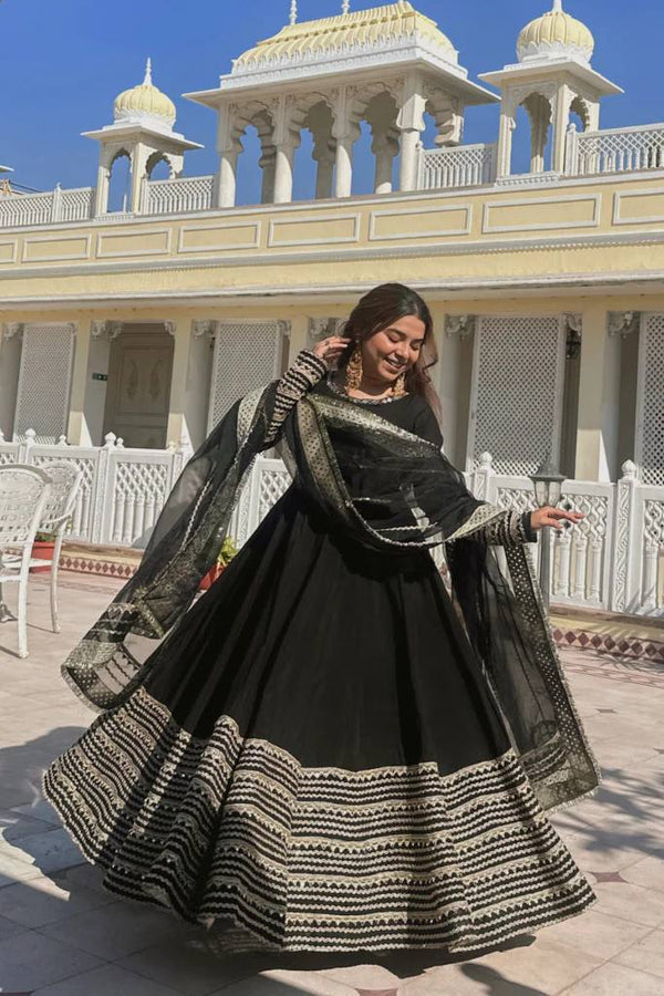 Black Rayon Embroidered Kali Cut Gown Set