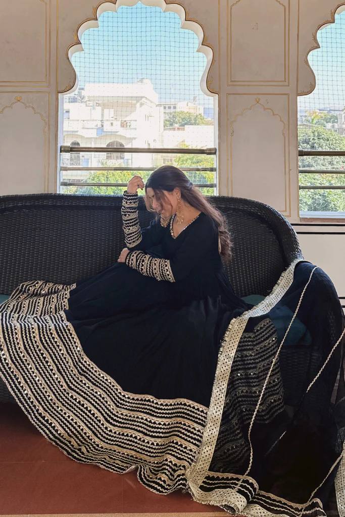 Black Rayon Embroidered Kali Cut Gown Set