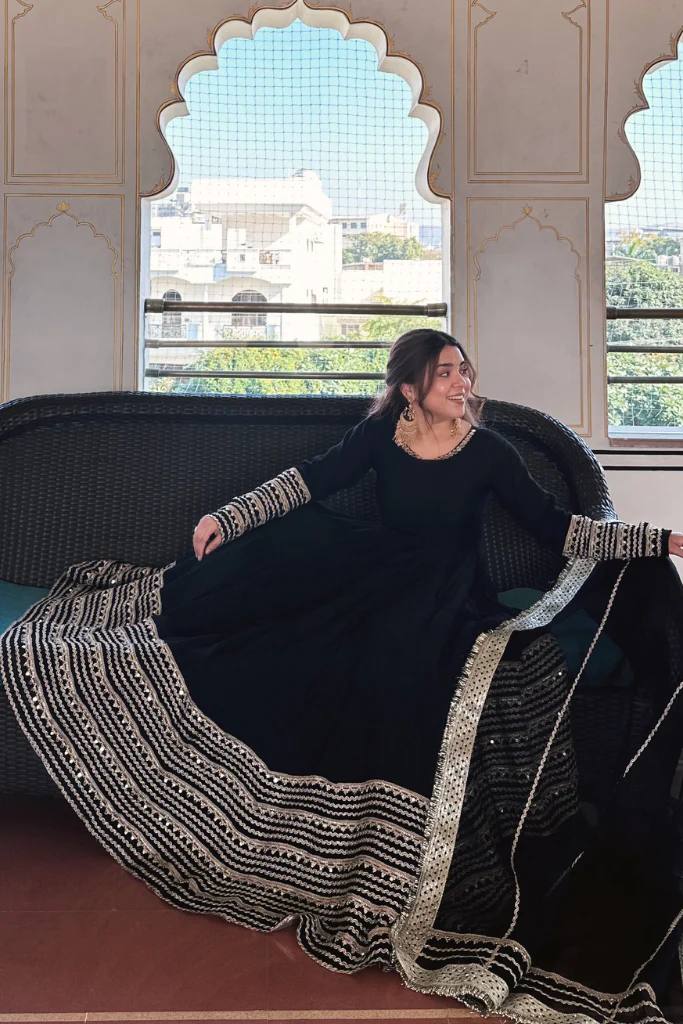 Black Rayon Embroidered Kali Cut Gown Set