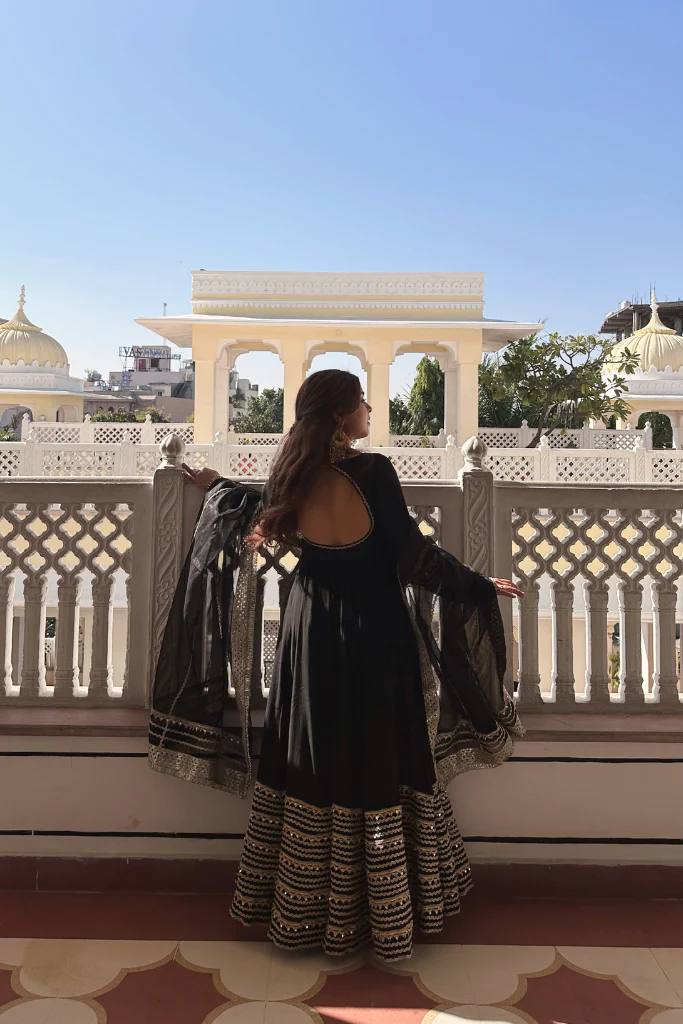 Black Rayon Embroidered Kali Cut Gown Set