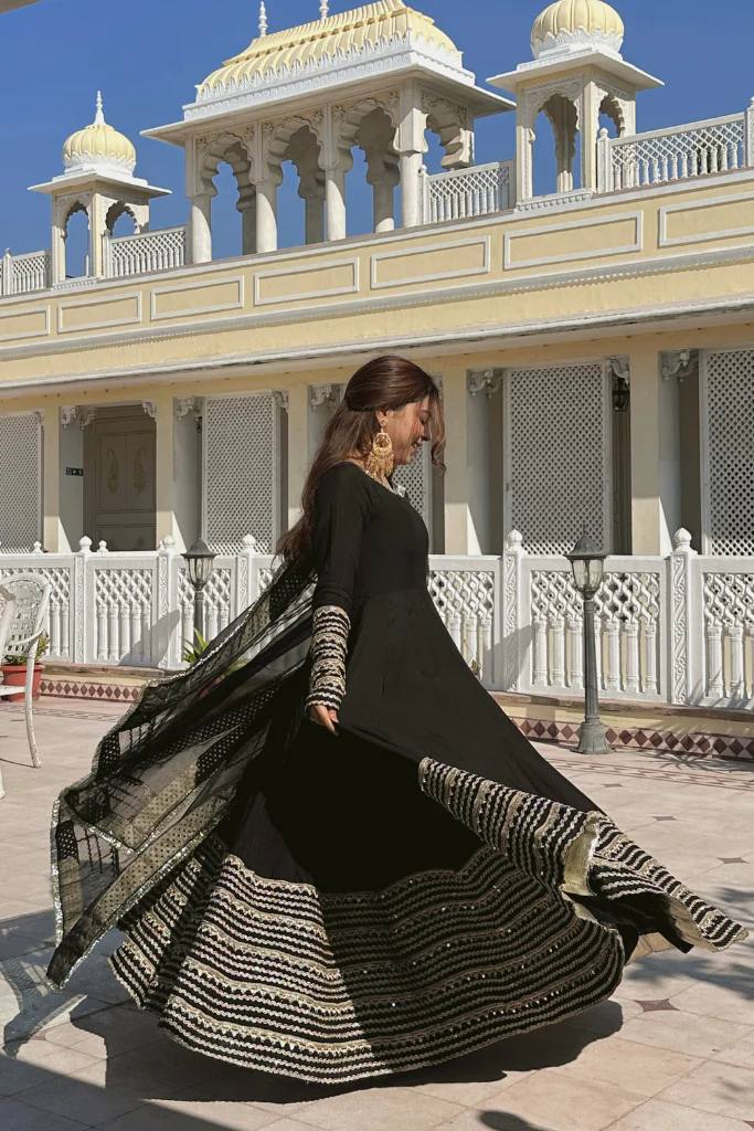 Black Rayon Embroidered Kali Cut Gown Set