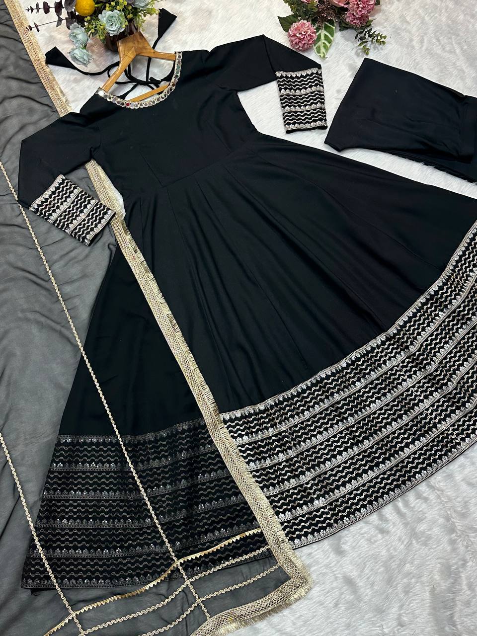 Black Rayon Embroidered Kali Cut Gown Set