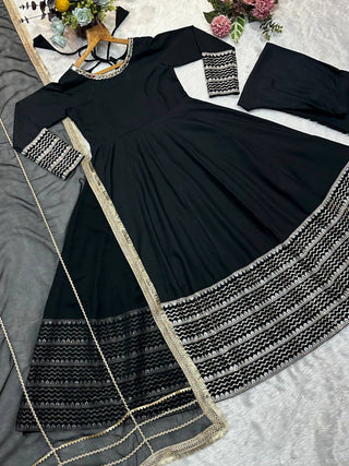 Black Rayon Embroidered Kali Cut Gown Set