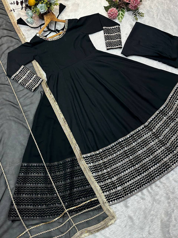 Black Rayon Embroidered Kali Cut Gown Set