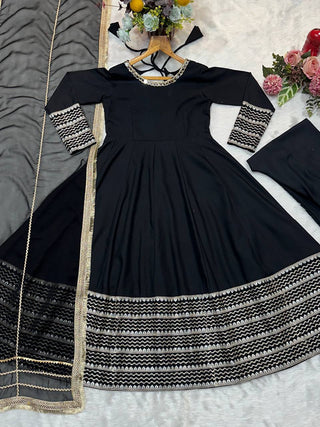 Black Rayon Embroidered Kali Cut Gown Set