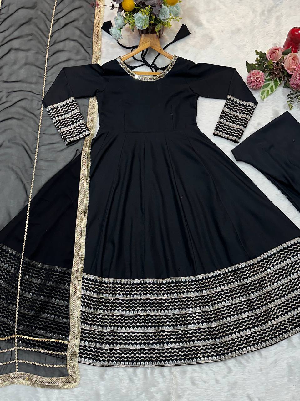 Black Rayon Embroidered Kali Cut Gown Set