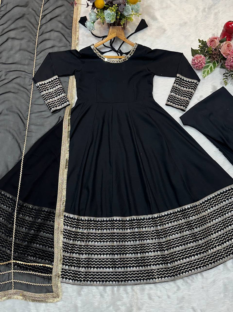 Black Rayon Embroidered Kali Cut Gown Set