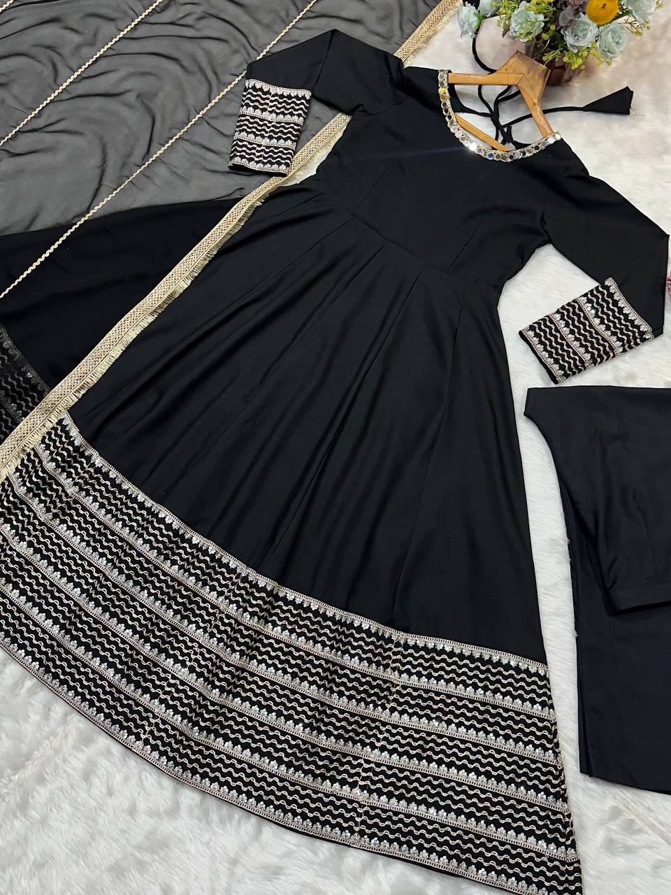 Black Rayon Embroidered Kali Cut Gown Set