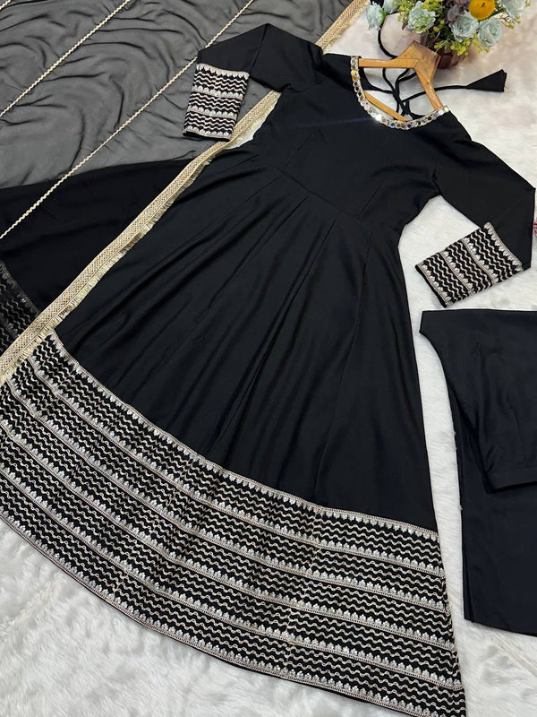 Black Rayon Embroidered Kali Cut Gown Set