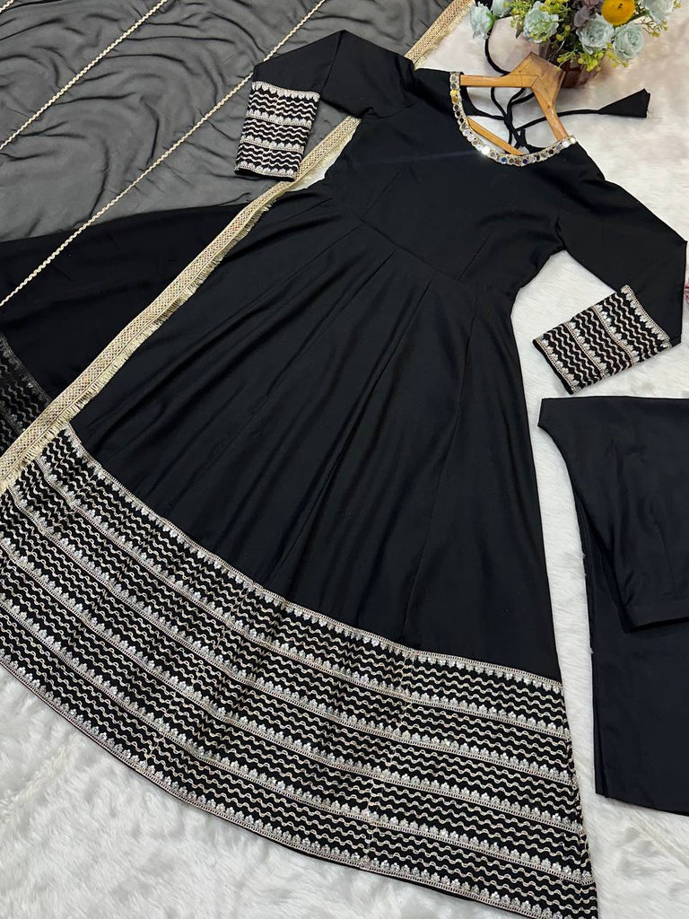 Black Rayon Embroidered Kali Cut Gown Set