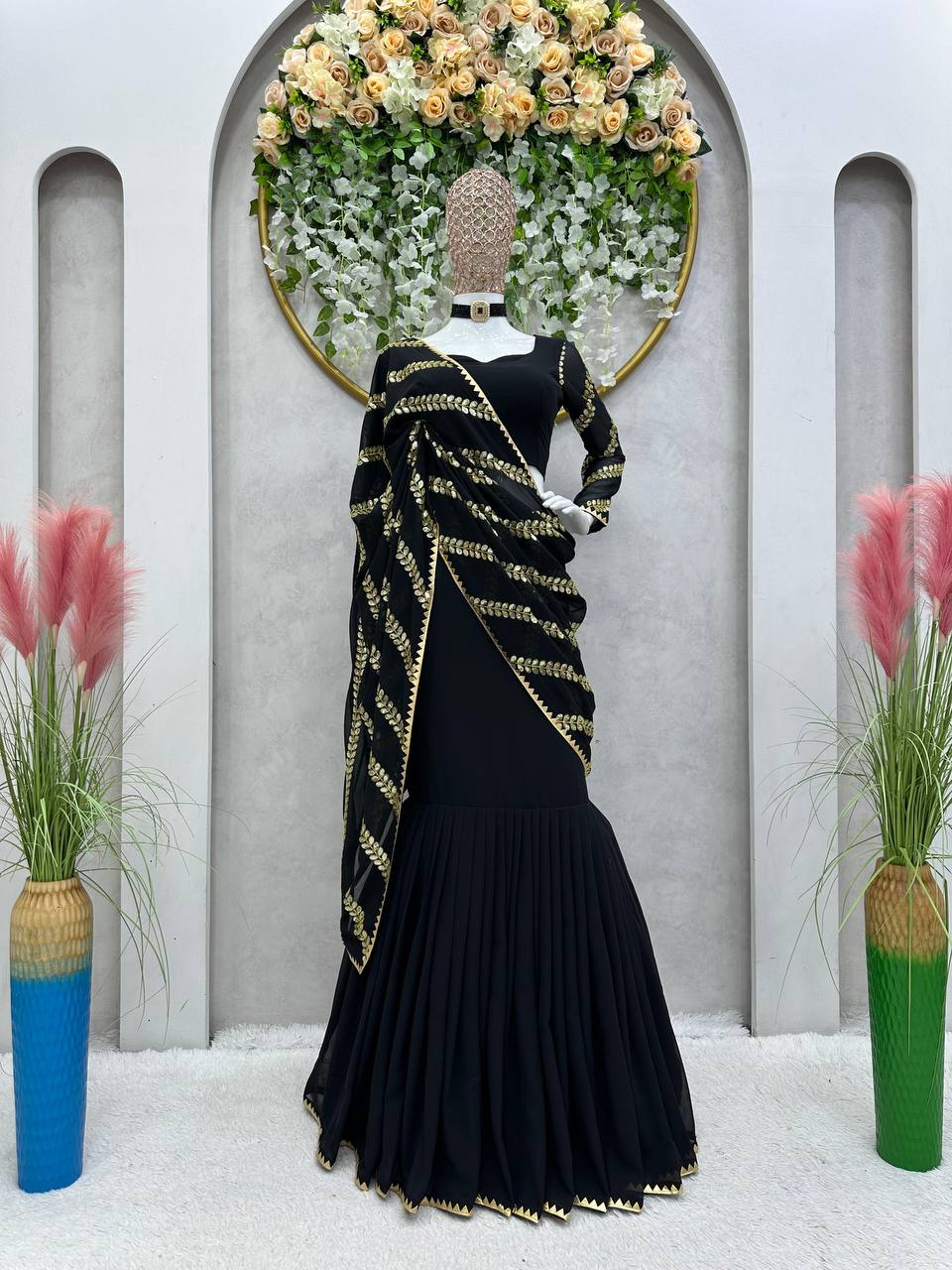 Black Ready-to-Wear Faux Georgette Lehenga Saree with Embroidery & Sequence Work ClothsVilla Main image