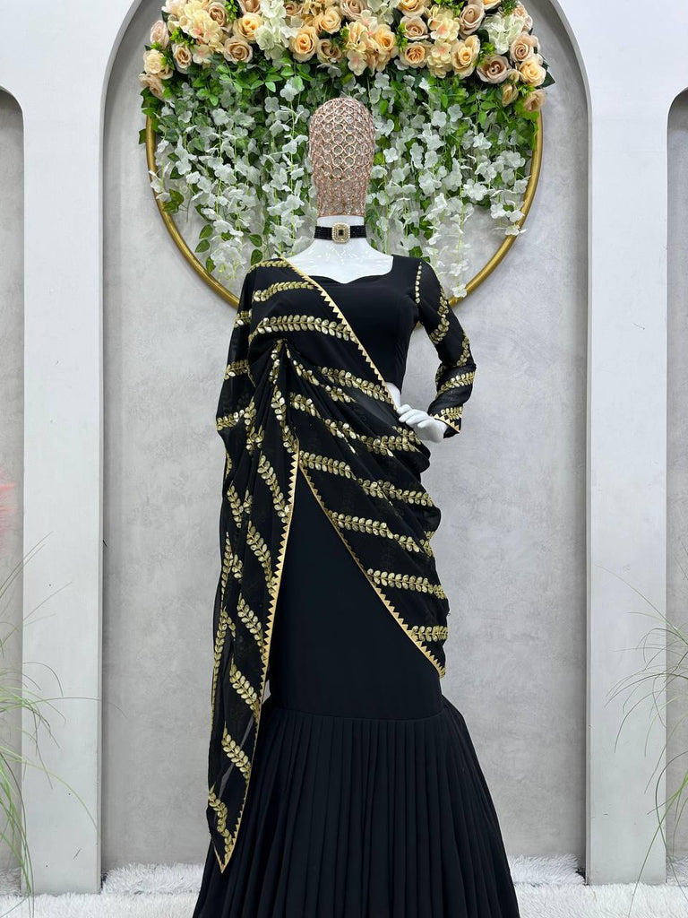 Black Ready-to-Wear Faux Georgette Lehenga Saree with Embroidery & Sequence Work ClothsVilla