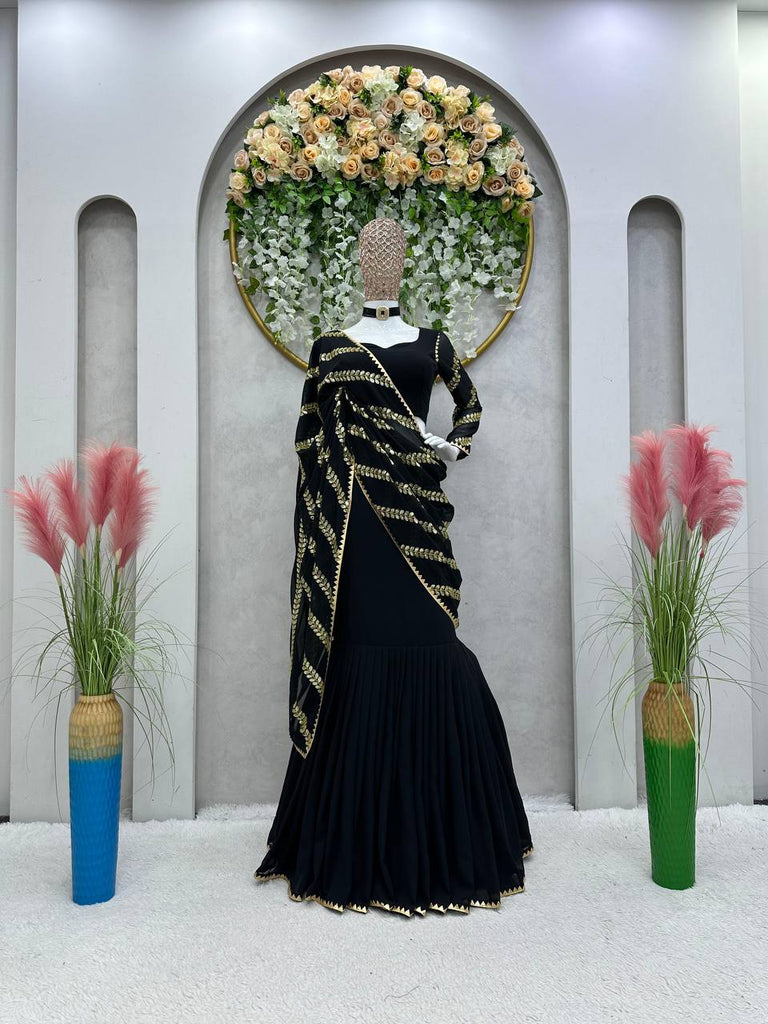 Black Ready-to-Wear Faux Georgette Lehenga Saree with Embroidery & Sequence Work ClothsVilla