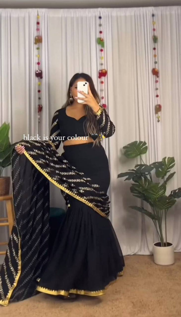 Black Ready-to-Wear Faux Georgette Lehenga Saree with Embroidery & Sequence Work ClothsVilla
