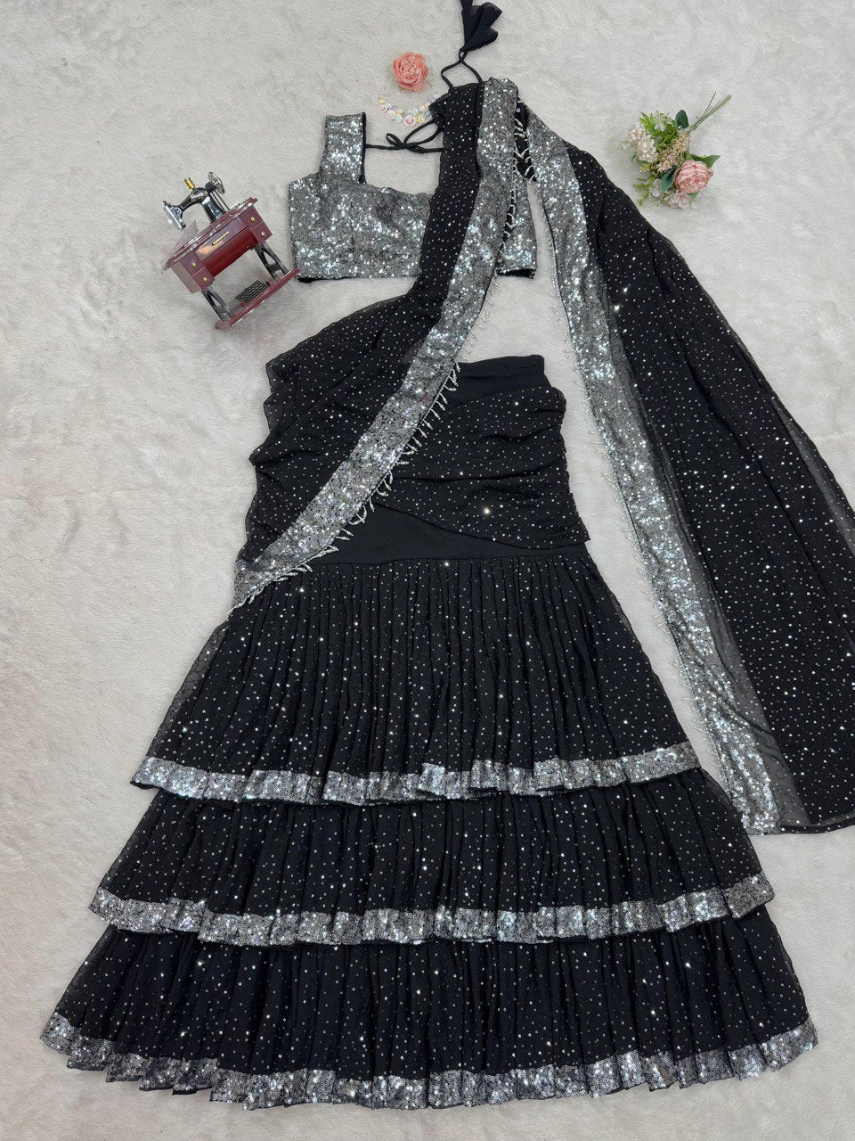 Black Ready-to-Wear Lehenga Saree – Elegant & Stylish