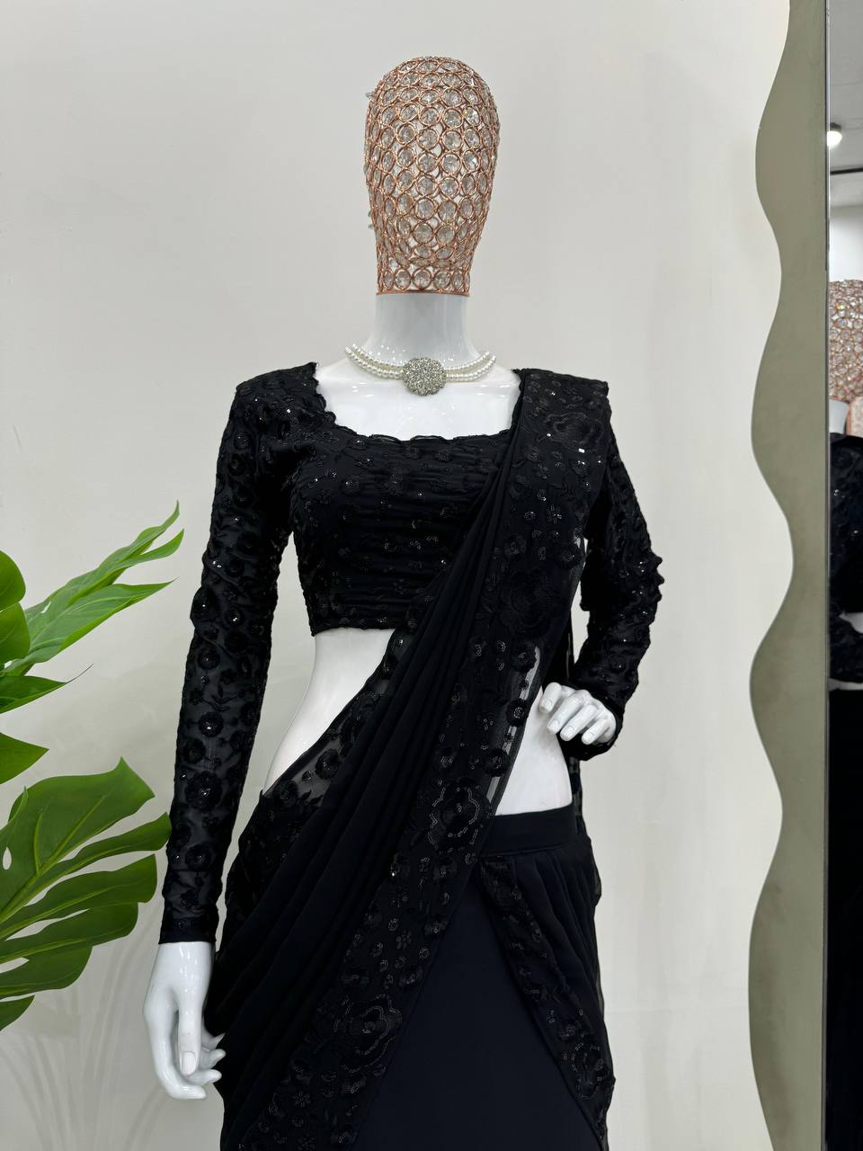Black Ready-to-Wear Ruffle Style Lehenga Saree in Faux Georgette with Thread & Sequin Work ClothsVilla