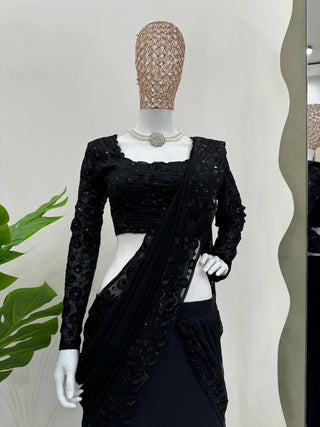 Black Ready-to-Wear Ruffle Style Lehenga Saree in Faux Georgette with Thread & Sequin Work ClothsVilla