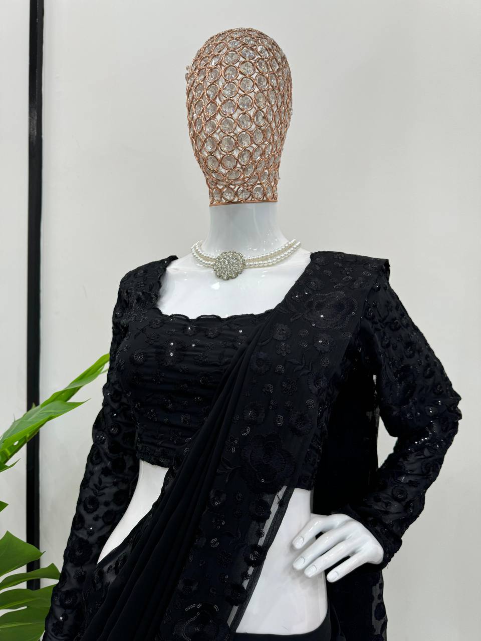 Black Ready-to-Wear Ruffle Style Lehenga Saree in Faux Georgette with Thread & Sequin Work ClothsVilla