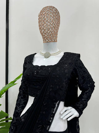 Black Ready-to-Wear Ruffle Style Lehenga Saree in Faux Georgette with Thread & Sequin Work ClothsVilla