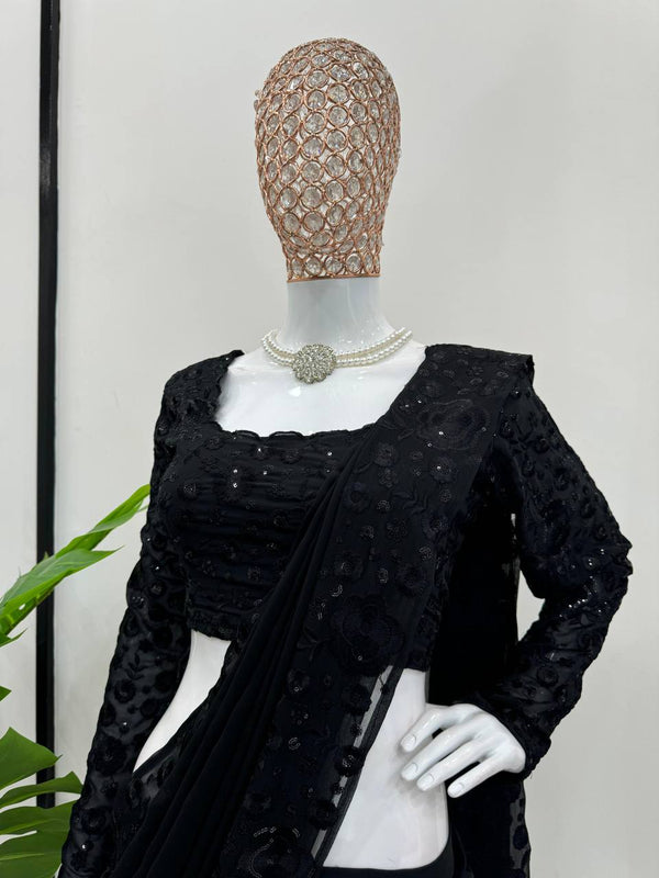 Black Ready-to-Wear Ruffle Style Lehenga Saree in Faux Georgette with Thread & Sequin Work ClothsVilla