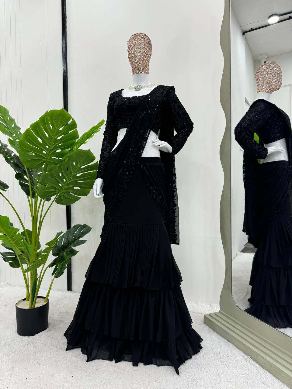Black Ready-to-Wear Ruffle Style Lehenga Saree in Faux Georgette with Thread & Sequin Work ClothsVilla