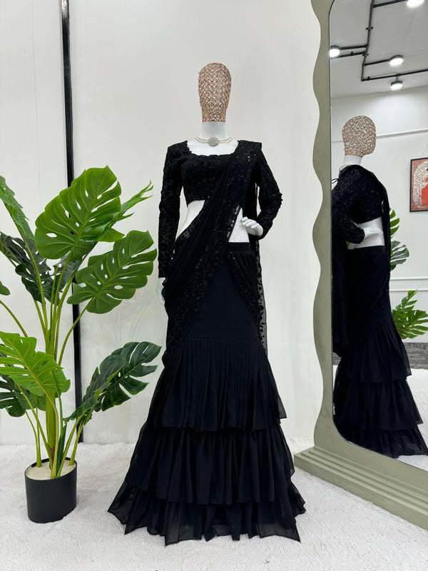 Black Ready-to-Wear Ruffle Style Lehenga Saree in Faux Georgette with Thread & Sequin Work ClothsVilla