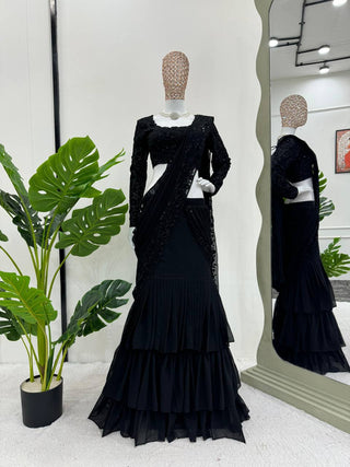 Black Ready-to-Wear Ruffle Style Lehenga Saree in Faux Georgette with Thread & Sequin Work ClothsVilla