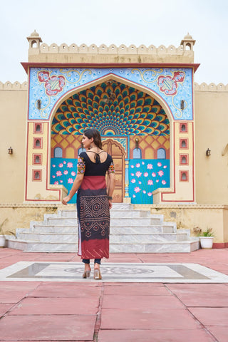 Black & Red Printed Rayon Kurti with Kutchi Gamthi Work – Round Neck, Half Sleeves, Cotton Lined ClothsVilla
