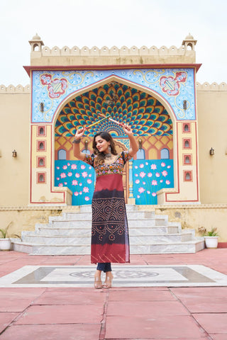 Black & Red Printed Rayon Kurti with Kutchi Gamthi Work – Round Neck, Half Sleeves, Cotton Lined ClothsVilla