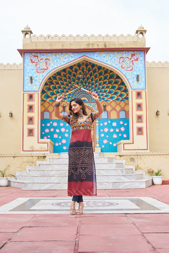 Black & Red Printed Rayon Kurti with Kutchi Gamthi Work – Round Neck, Half Sleeves, Cotton Lined ClothsVilla