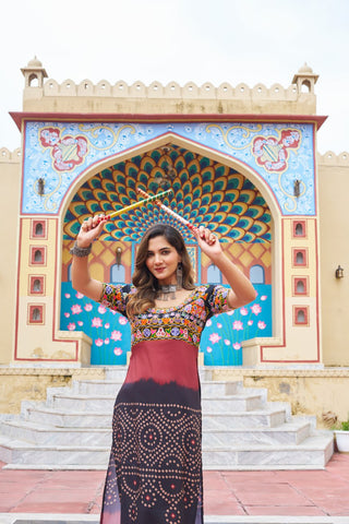 Black & Red Printed Rayon Kurti with Kutchi Gamthi Work – Round Neck, Half Sleeves, Cotton Lined ClothsVilla