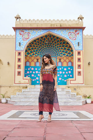 Black & Red Printed Rayon Kurti with Kutchi Gamthi Work – Round Neck, Half Sleeves, Cotton Lined ClothsVilla