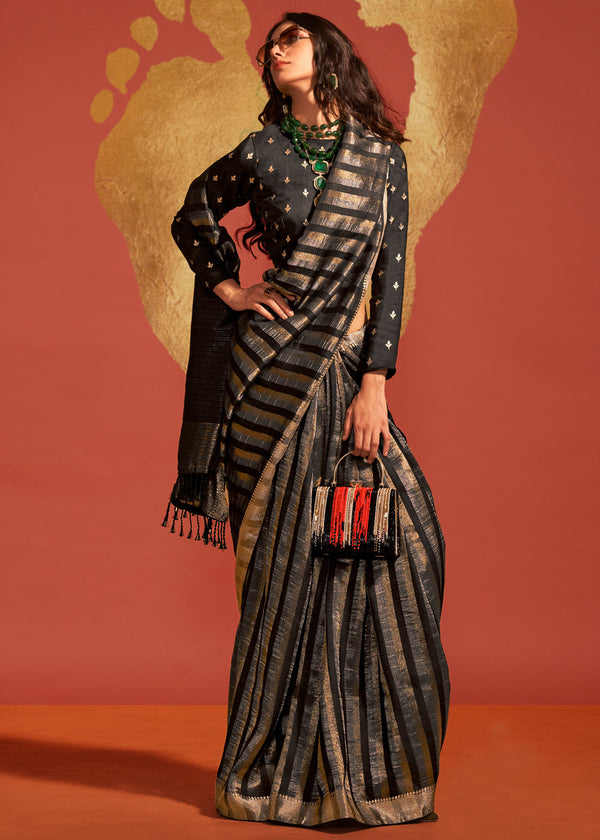 Black Regal Banarasi Blended Silk Saree with Timeless Intricate Design ClothsVilla