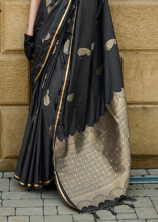 Black Regal Banarasi Satin Silk Saree – Timeless Elegance ClothsVilla