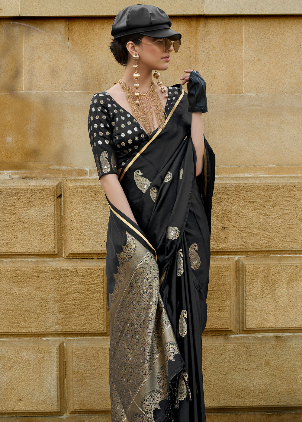 Black Regal Banarasi Satin Silk Saree – Timeless Elegance ClothsVilla Main image
