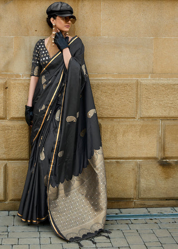 Black Regal Banarasi Satin Silk Saree – Timeless Elegance ClothsVilla