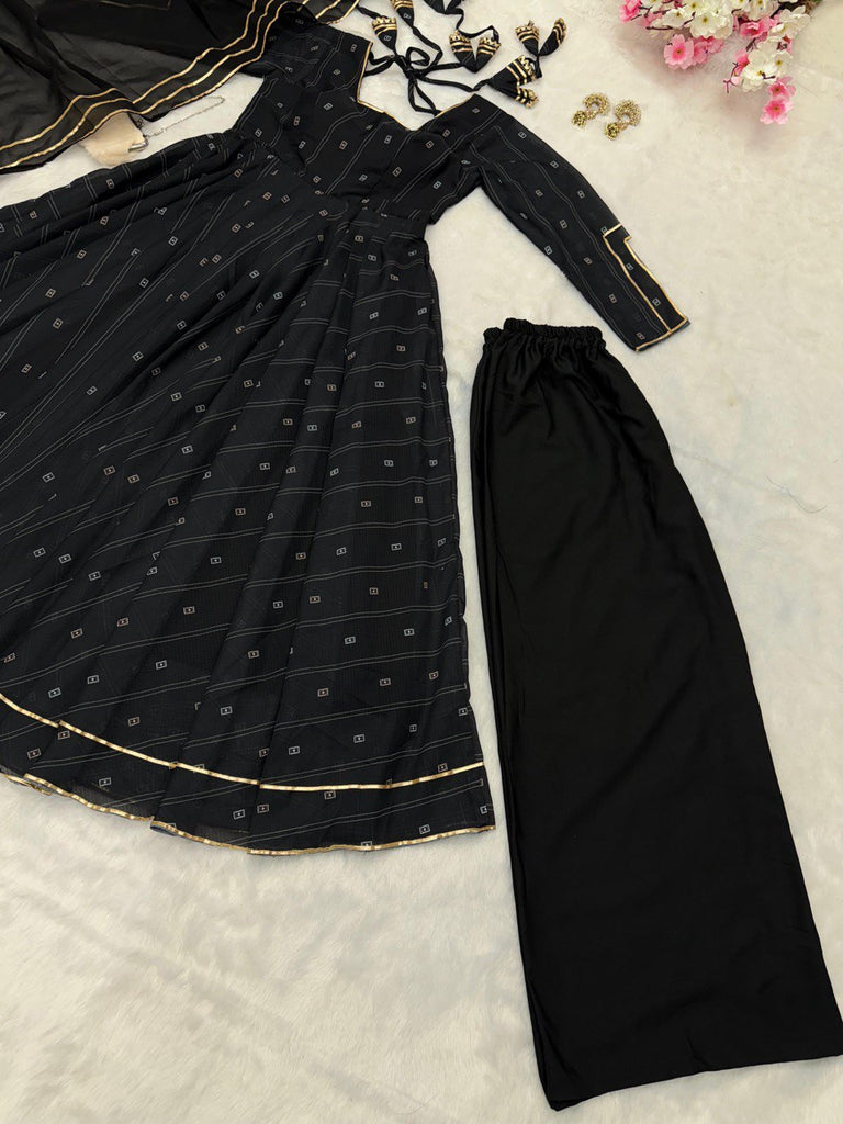 Black Ri8 Fashion Exclusive Flame Anarkali Gown Set with Dupatta and Palazzo Clothsvilla