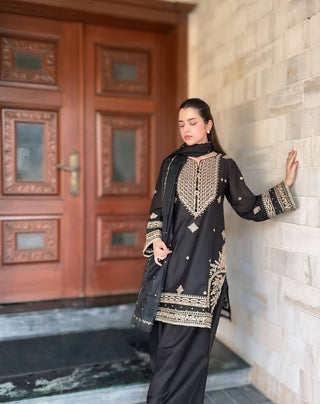 Black Roman Silk Embroidered Sharara Set with Faux Georgette Lace Border Dupatta ClothsVilla