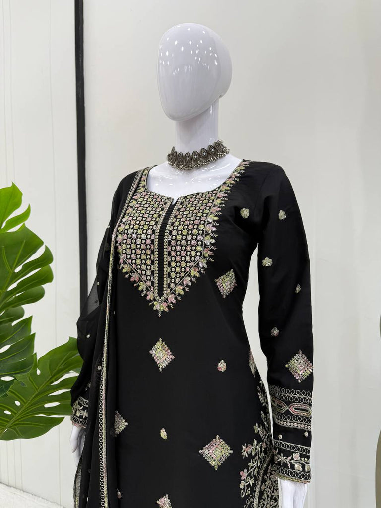 Black Roman Silk Embroidered Sharara Set with Faux Georgette Lace Border Dupatta ClothsVilla