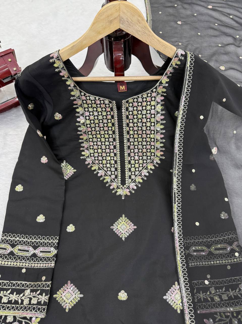 Black Roman Silk Embroidered Sharara Set with Faux Georgette Lace Border Dupatta ClothsVilla
