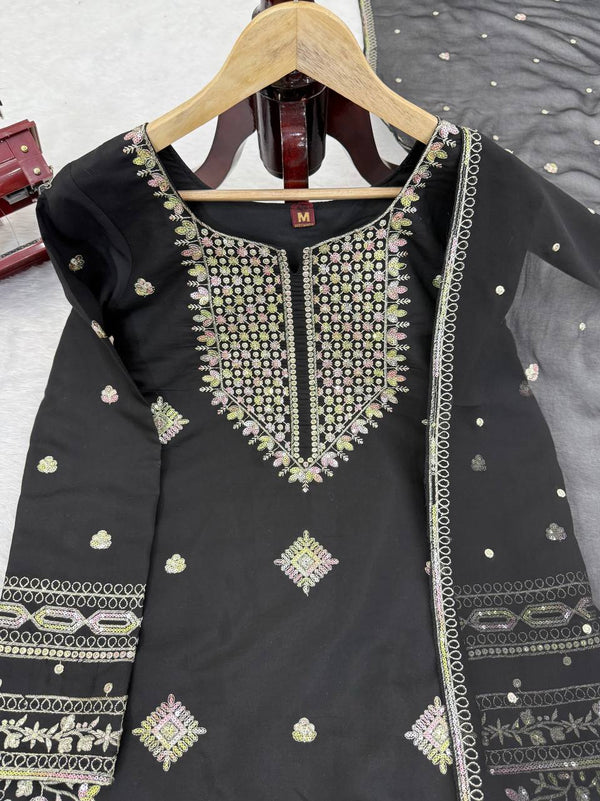 Black Roman Silk Embroidered Sharara Set with Faux Georgette Lace Border Dupatta ClothsVilla